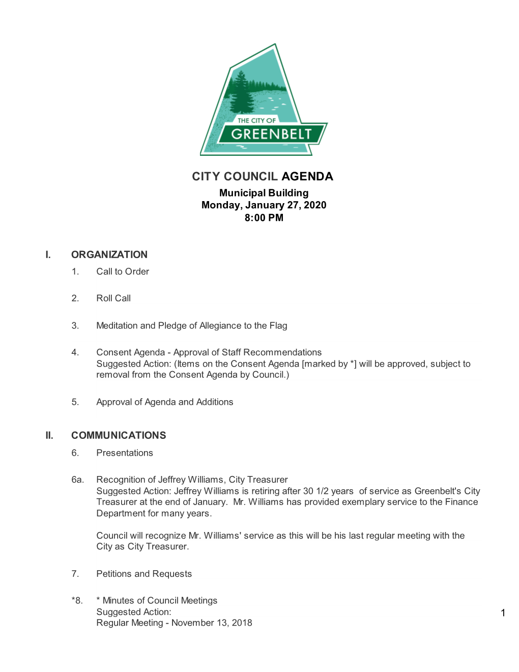 CITY COUNCIL AGENDA Municipal Building Monday, January 27, 2020 8:00 PM