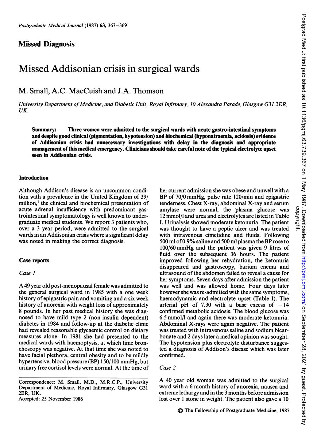 Missed Addisonian Crisis in Surgical Wards