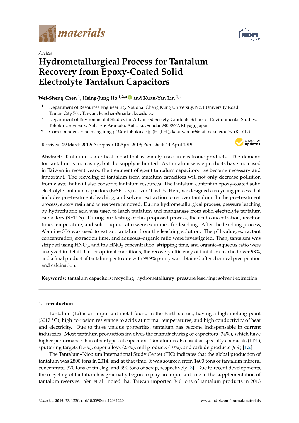 Hydrometallurgical Process for Tantalum Recovery from Epoxy-Coated Solid Electrolyte Tantalum Capacitors