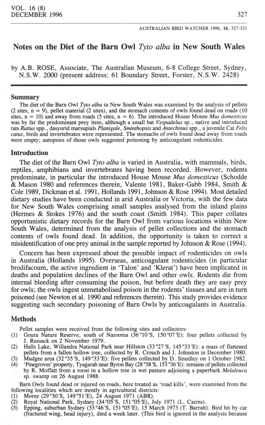 Notes on the Diet of the Barn Owl Tyto Alba in New South Wales by A.B