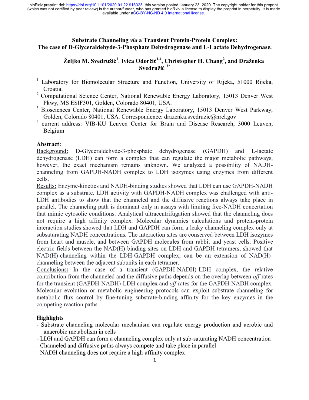 Substrate Channeling Via a Transient Protein-Protein Complex: the Case of D-Glyceraldehyde-3-Phosphate Dehydrogenase and L-Lactate Dehydrogenase