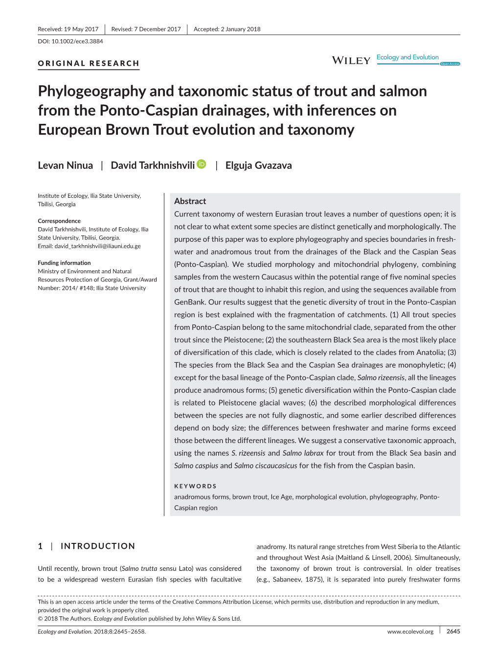 Phylogeography and Taxonomic Status of Trout and Salmon from the Ponto-­Caspian Drainages, with Inferences on European Brown Trout Evolution and Taxonomy