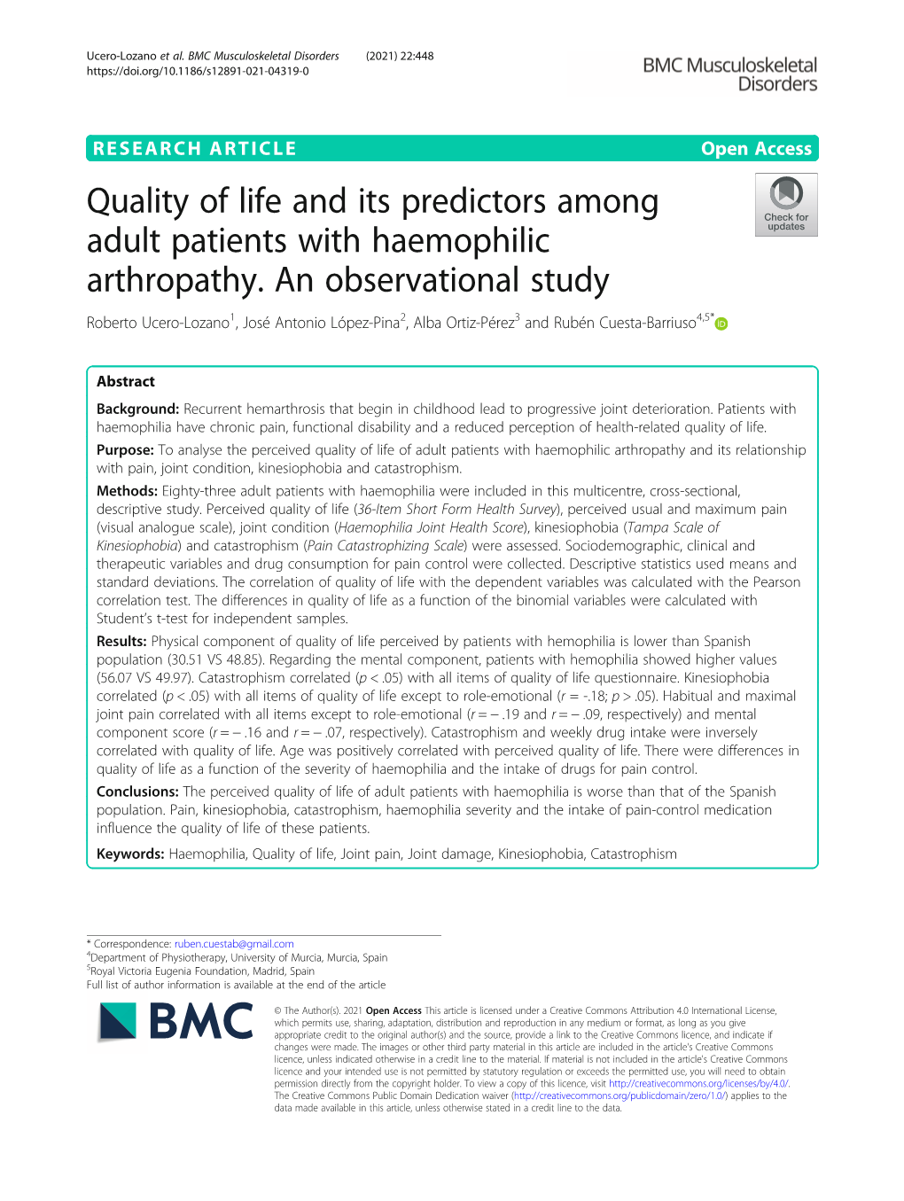 Quality of Life and Its Predictors Among Adult Patients with Haemophilic Arthropathy