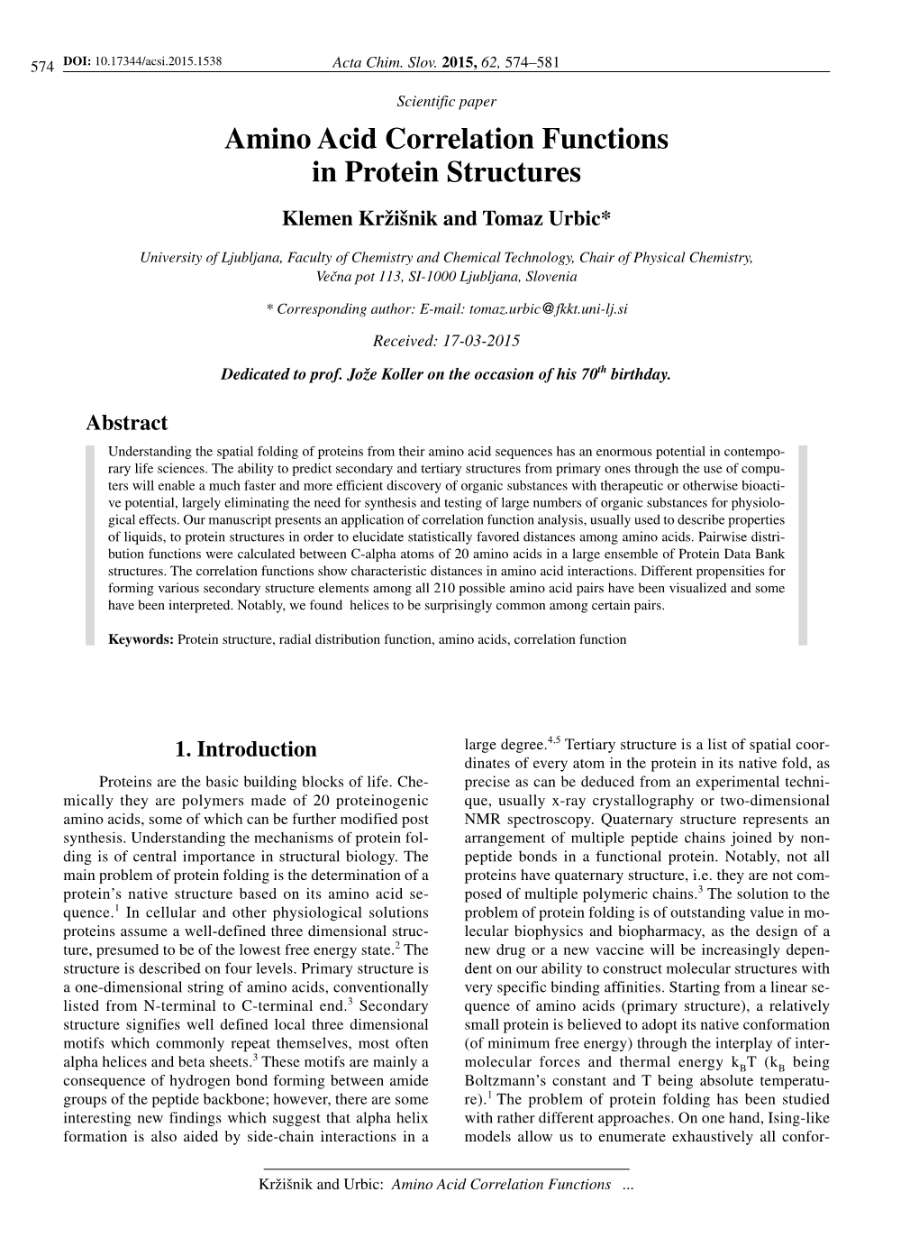 Amino Acid Correlation Functions in Protein Structures Klemen Kr`I{Nik and Tomaz Urbic*