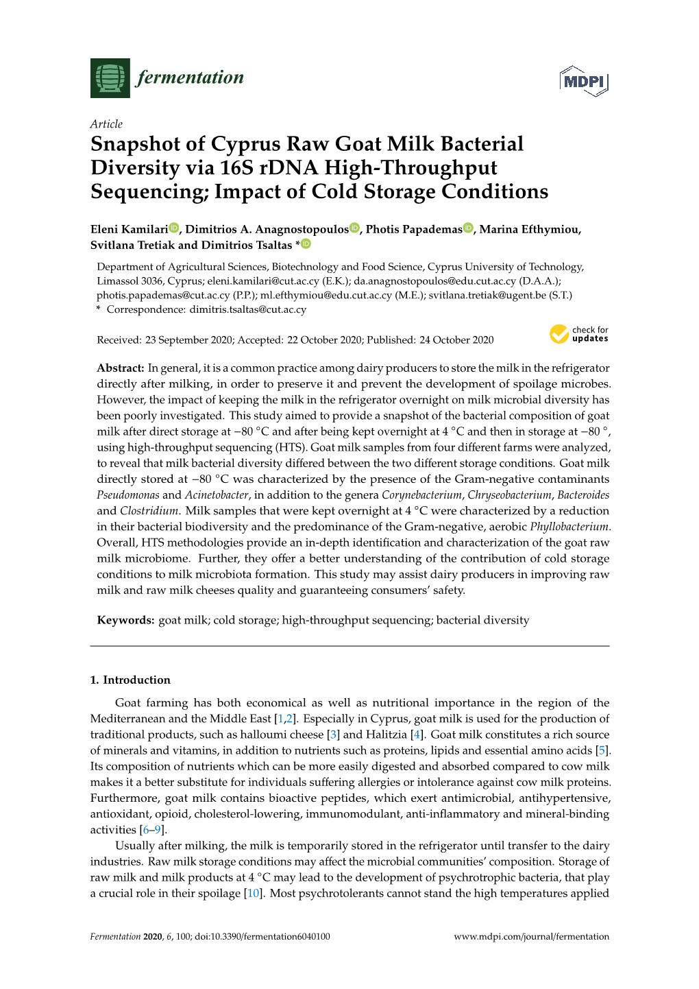 Snapshot of Cyprus Raw Goat Milk Bacterial Diversity Via 16S Rdna High-Throughput Sequencing; Impact of Cold Storage Conditions