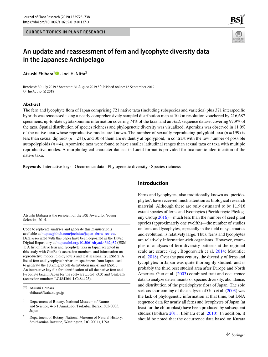 An Update and Reassessment of Fern and Lycophyte Diversity Data in the Japanese Archipelago