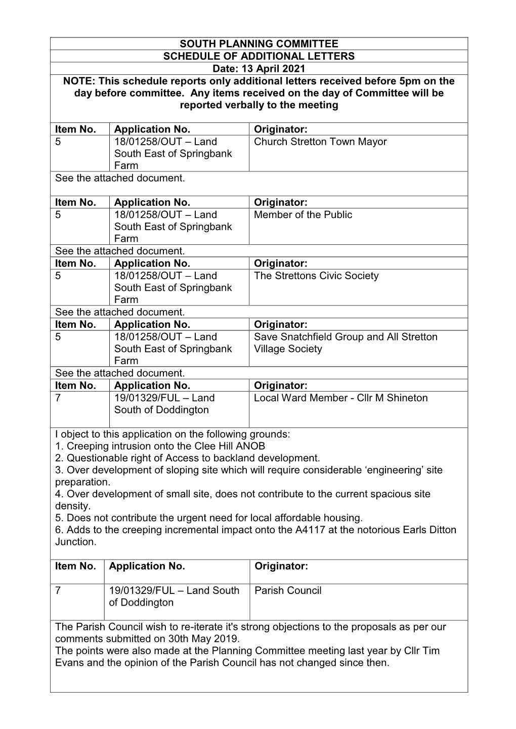 South Planning Committee Schedule