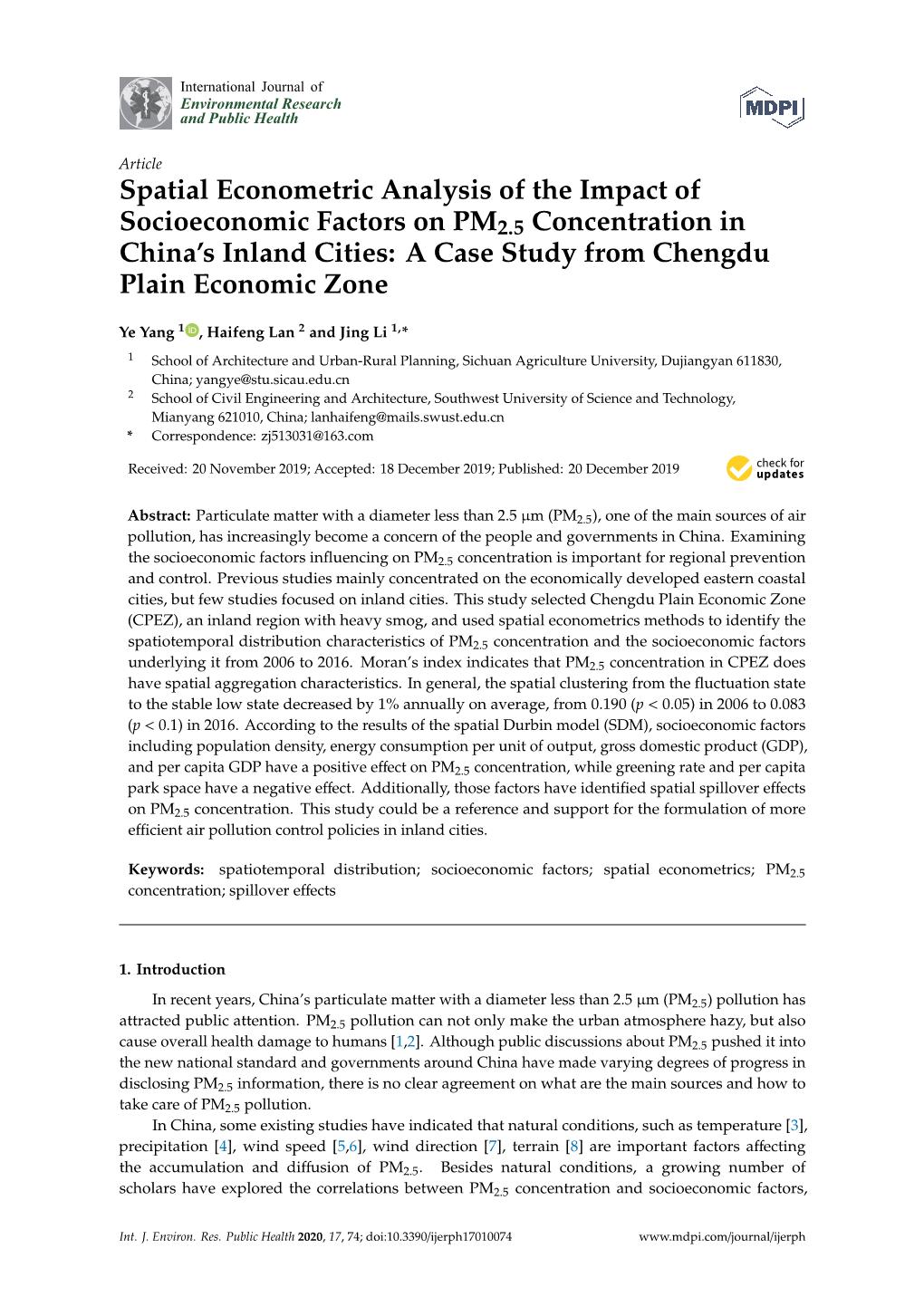 Spatial Econometric Analysis of the Impact of Socioeconomic Factors on PM2.5 Concentration in China’S Inland Cities: a Case Study from Chengdu Plain Economic Zone