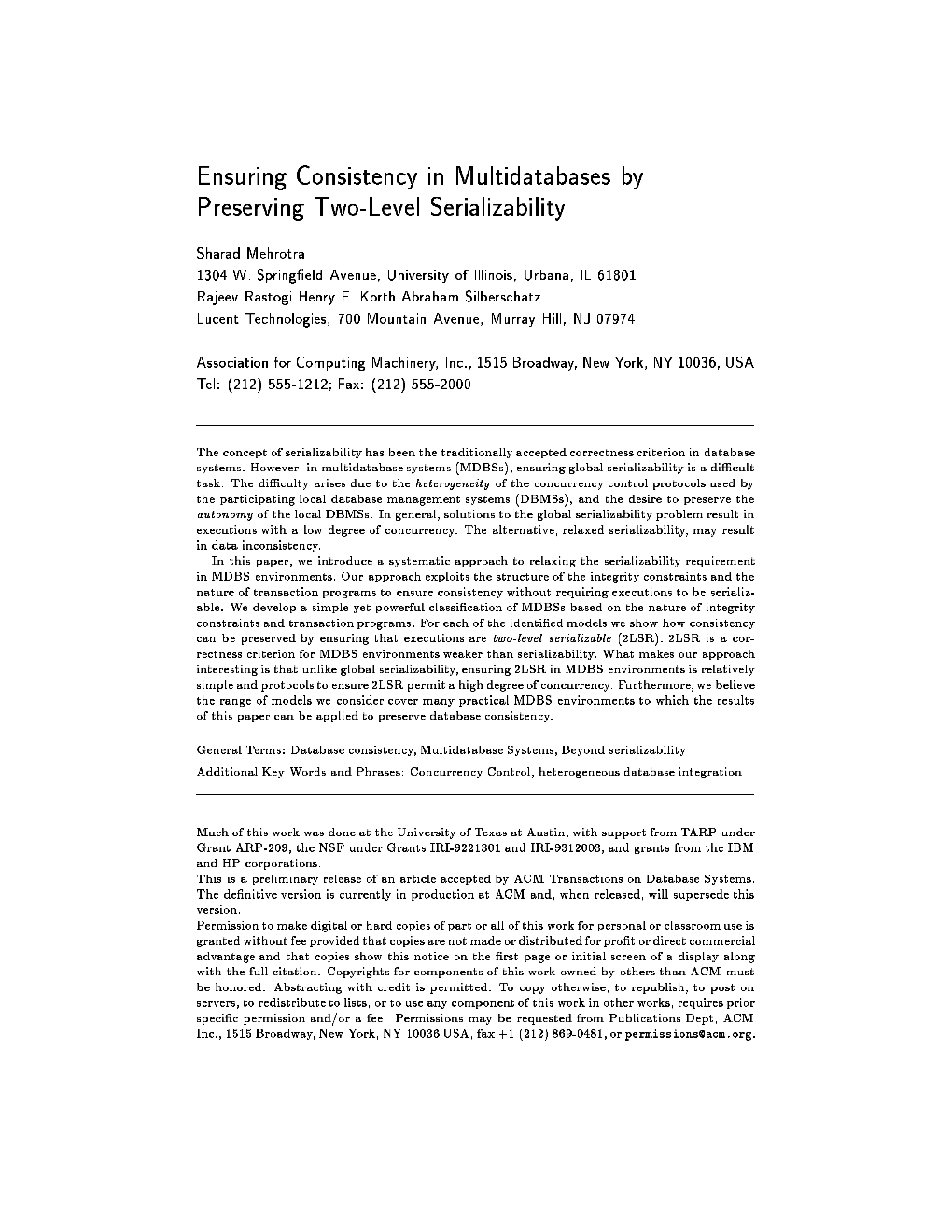 Ensuring Consistency in Multidatabases by Preserving Two