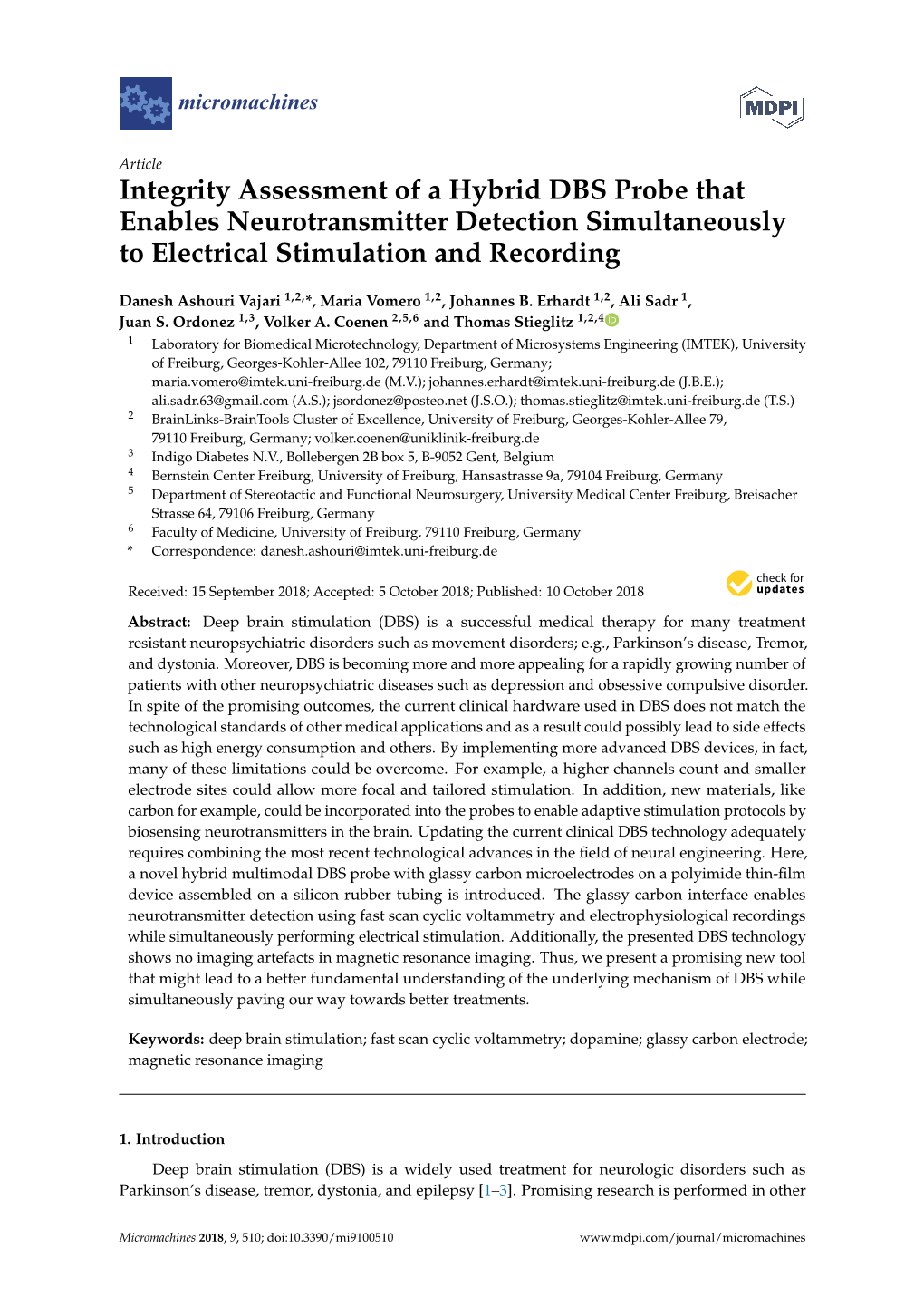Integrity Assessment of a Hybrid DBS Probe That Enables Neurotransmitter Detection Simultaneously to Electrical Stimulation and Recording