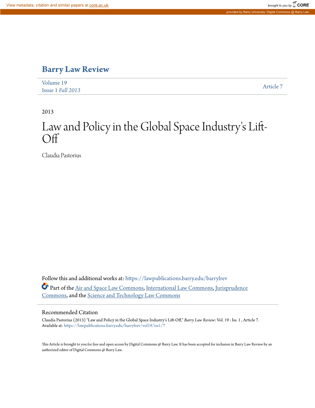 Law and Policy in the Global Space Industry's Lift-Off,