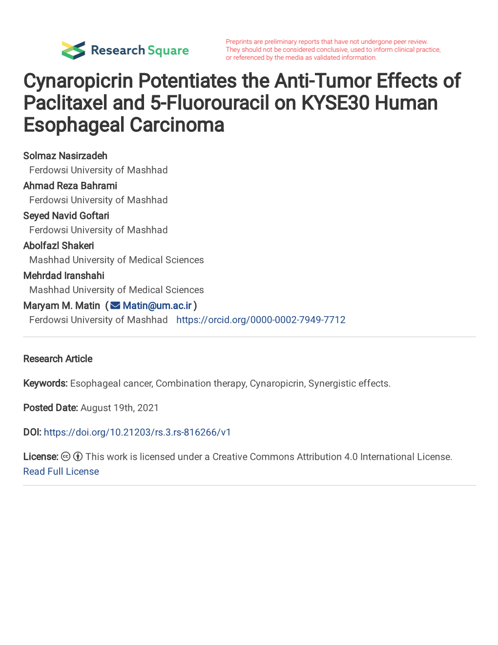 Cynaropicrin Potentiates the Anti-Tumor Effects of Paclitaxel and 5-Fluorouracil on KYSE30 Human Esophageal Carcinoma