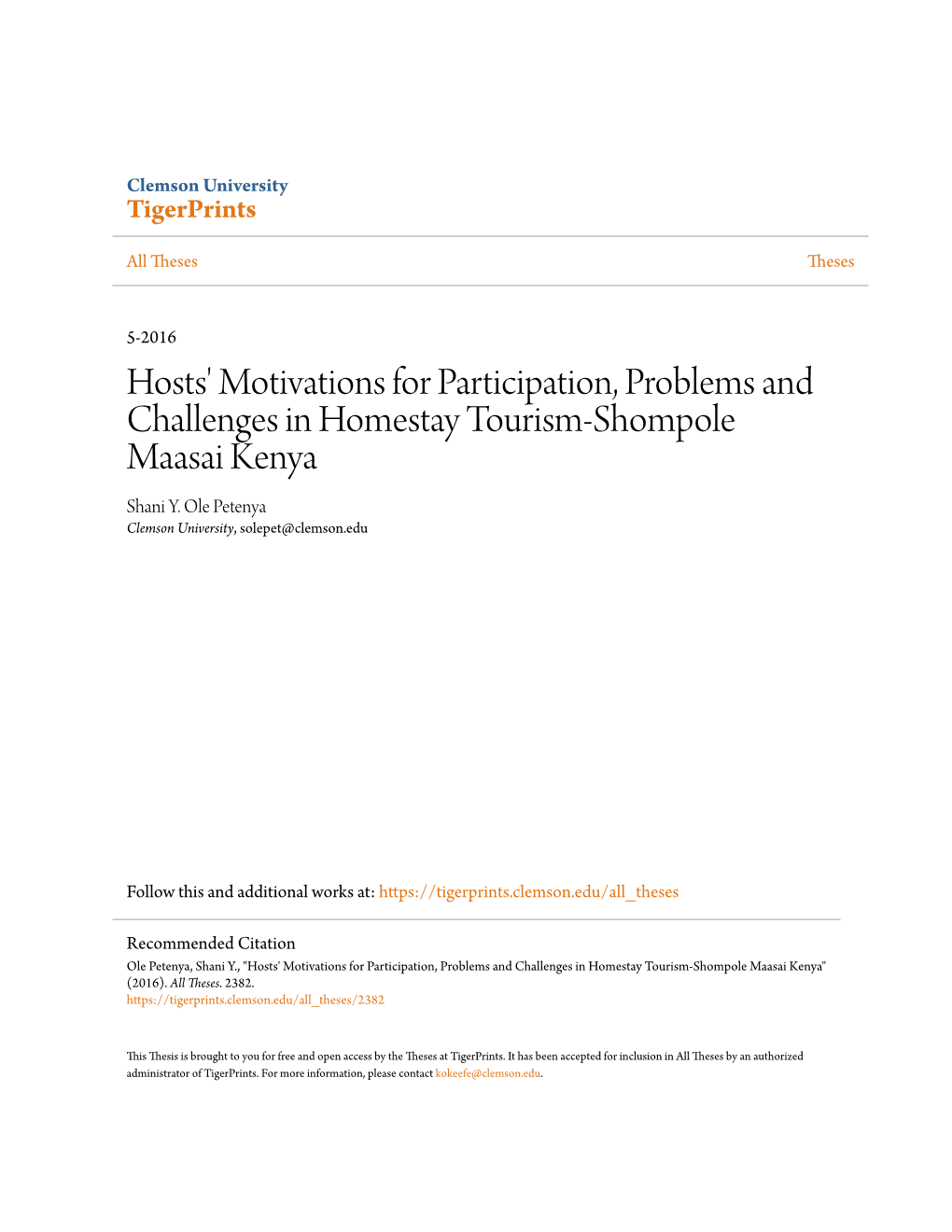 Hosts' Motivations for Participation, Problems and Challenges in Homestay Tourism-Shompole Maasai Kenya Shani Y
