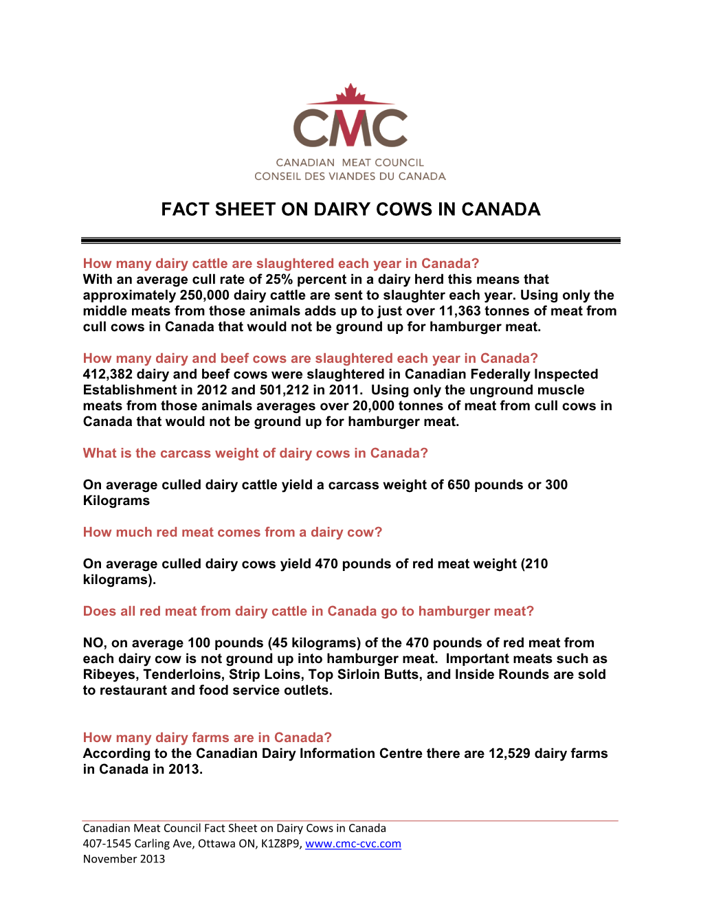 Fact Sheet on Dairy Cows in Canada