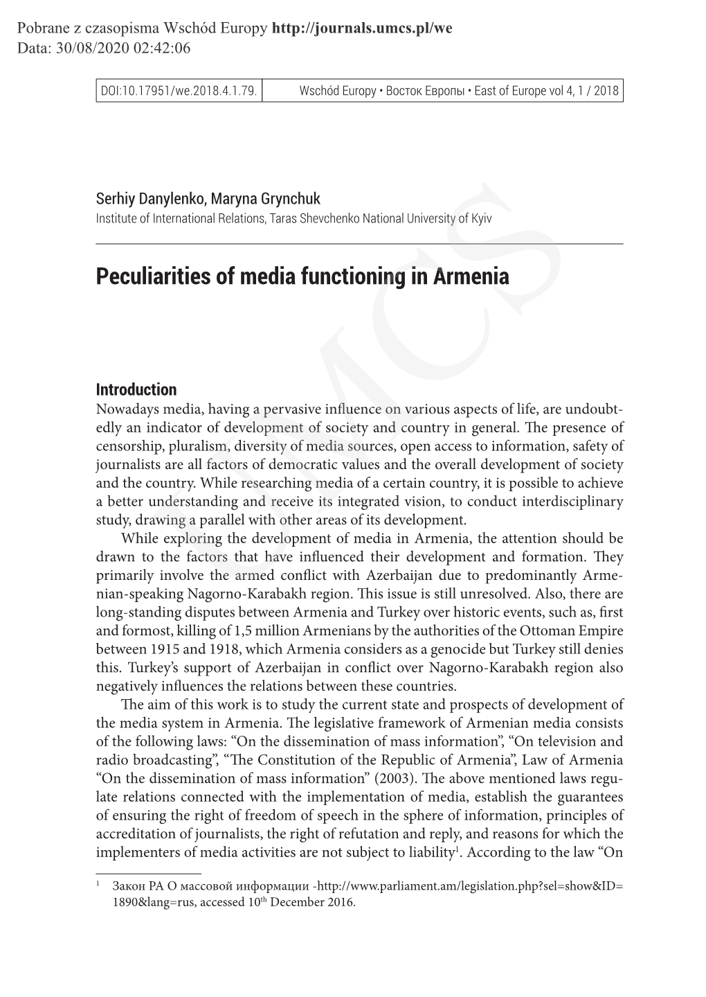 Peculiarities of Media Functioning in Armenia