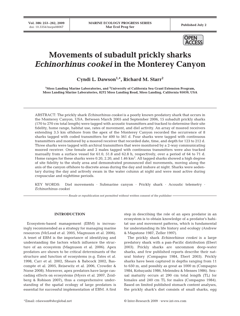 Movements of Subadult Prickly Sharks Echinorhinus Cookei in the Monterey Canyon