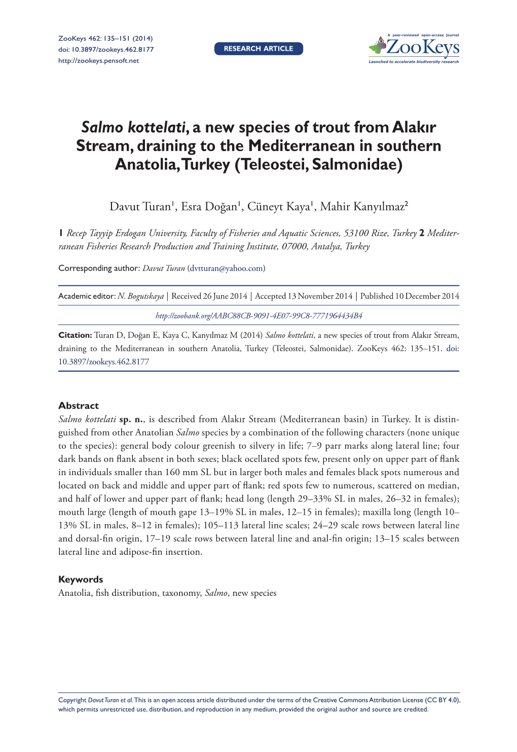 Salmo Kottelati, a New Species of Trout from Alakır Stream