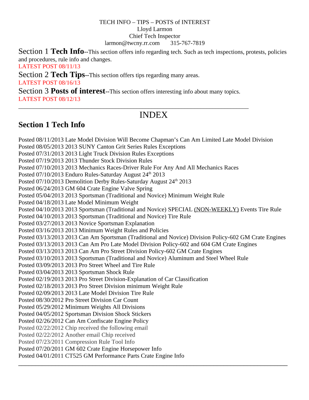 TIPS – POSTS of INTEREST Lloyd Larmon Chief Tech Inspector Larmon@Twcny.Rr.Com 315-767-7819 Section 1 Tech Info--This Section Offers Info Regarding Tech