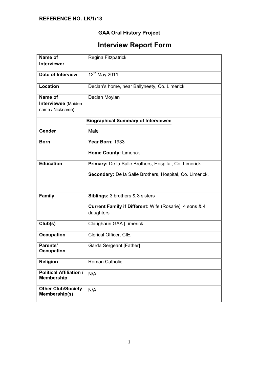 GAA Oral History Project Interview Report Form