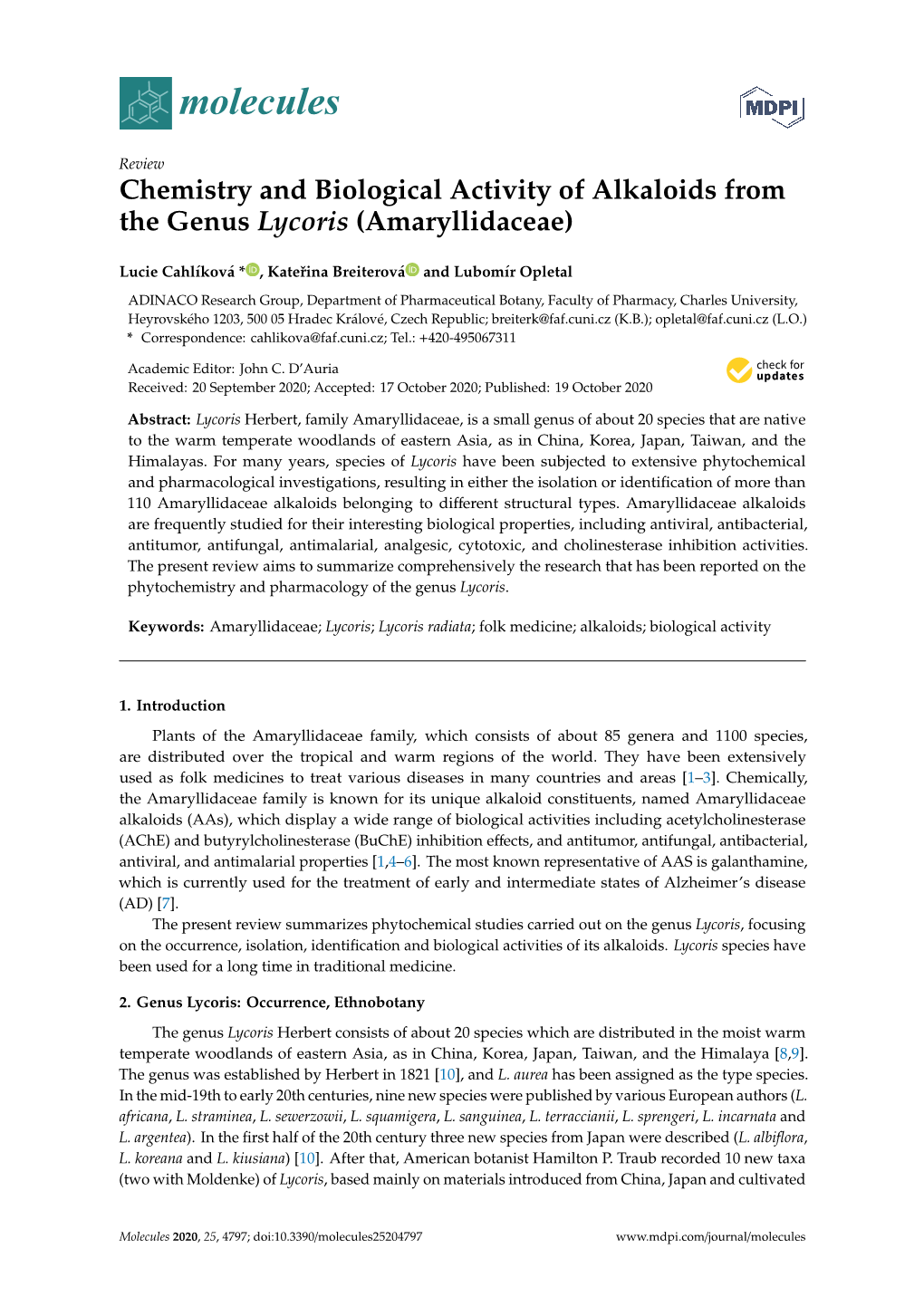 Chemistry and Biological Activity of Alkaloids from the Genus Lycoris (Amaryllidaceae)
