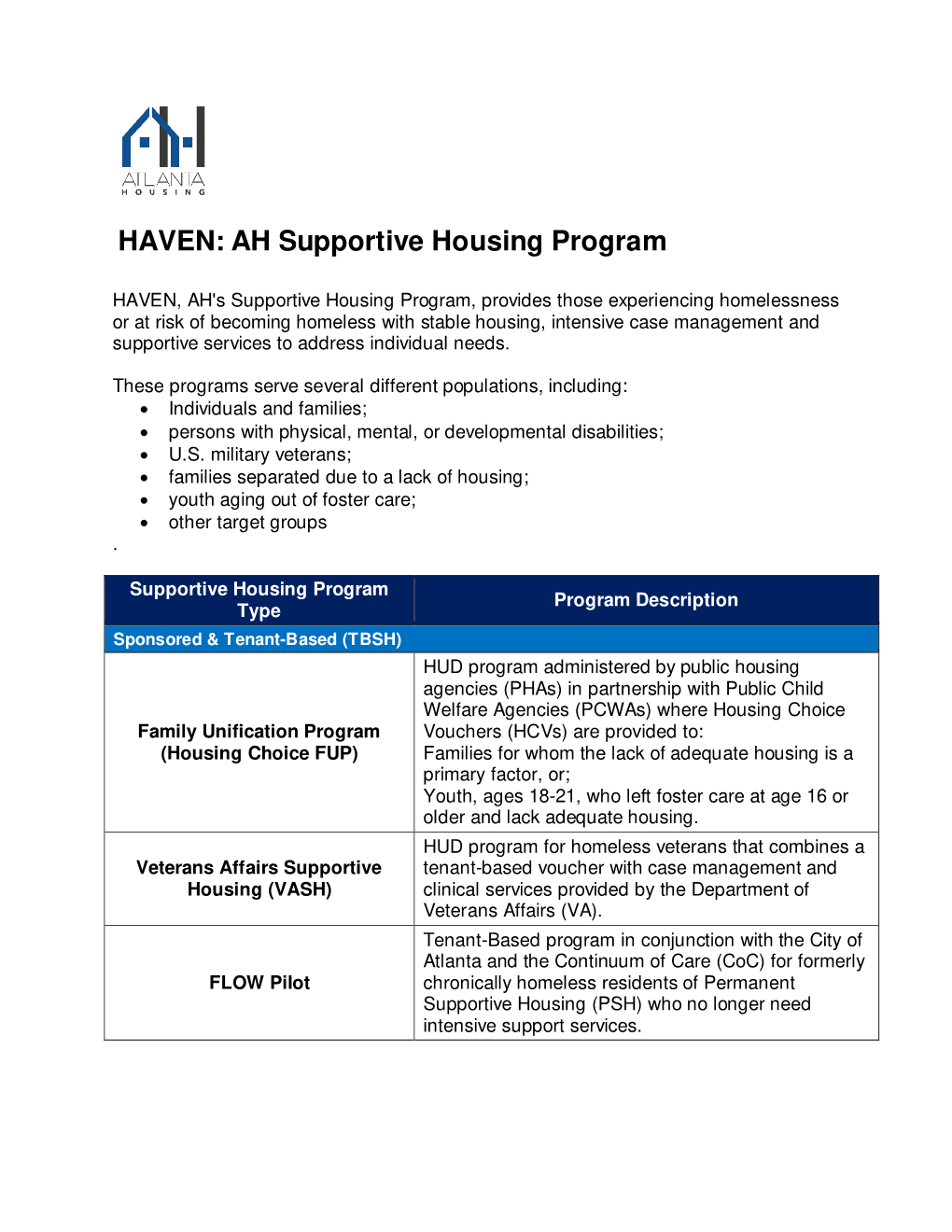 HAVEN: AH Supportive Housing Program