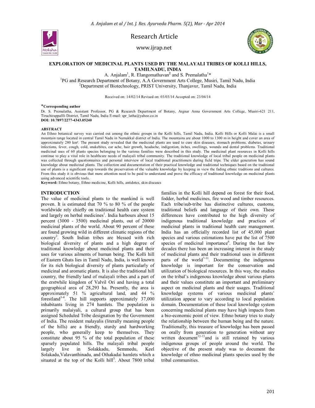 Exploration of Medicinal Plants Used by the Malayali Tribes of Kolli Hills, Tamilnadu, India A