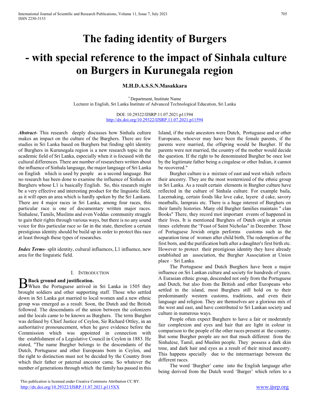 The Fading Identity of Burgers - with Special Reference to the Impact of Sinhala Culture on Burgers in Kurunegala Region