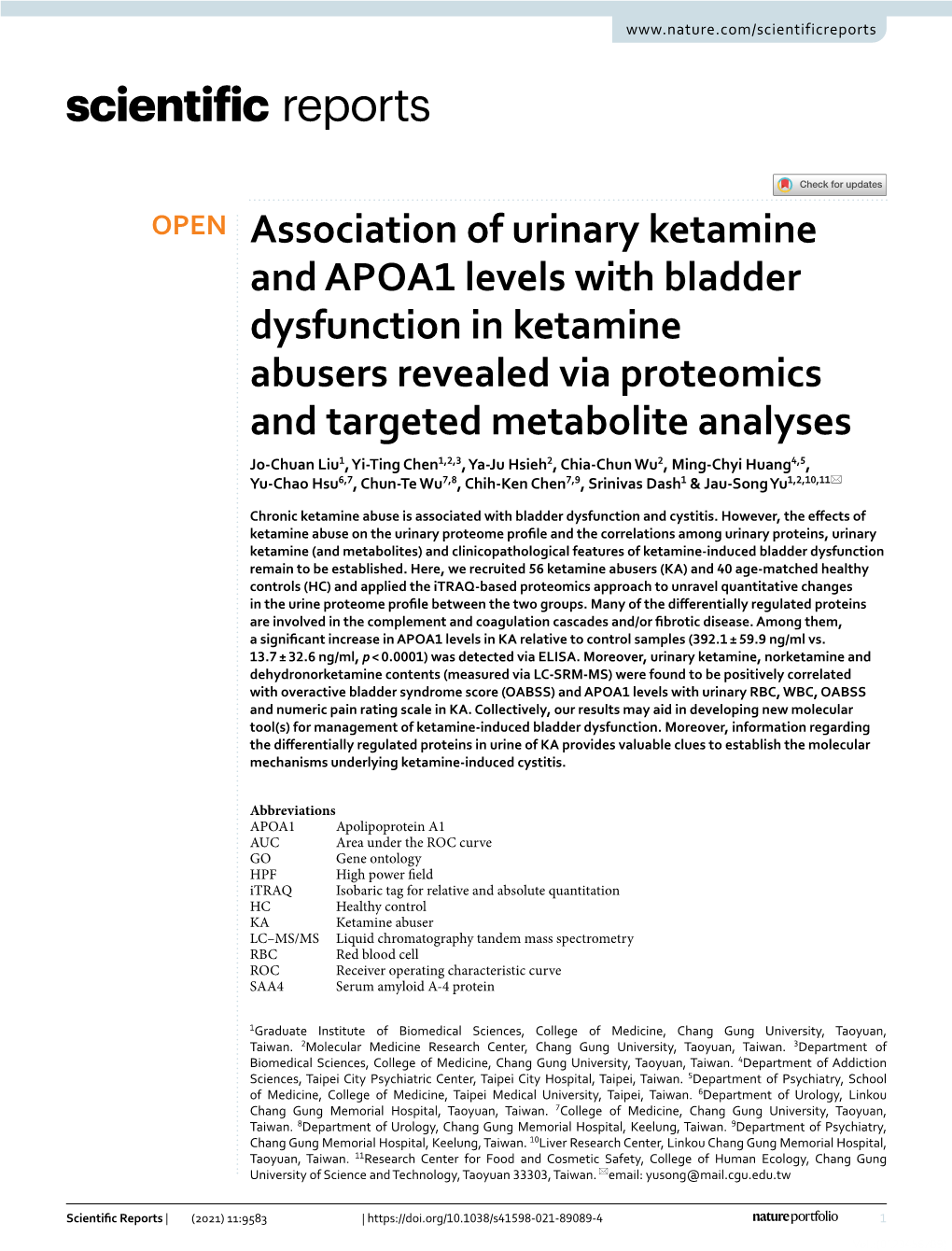 Association of Urinary Ketamine and APOA1 Levels with Bladder