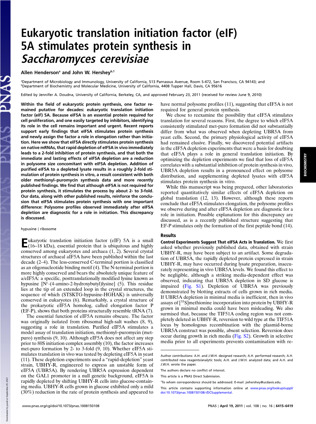 5A Stimulates Protein Synthesis in Saccharomyces Cerevisiae