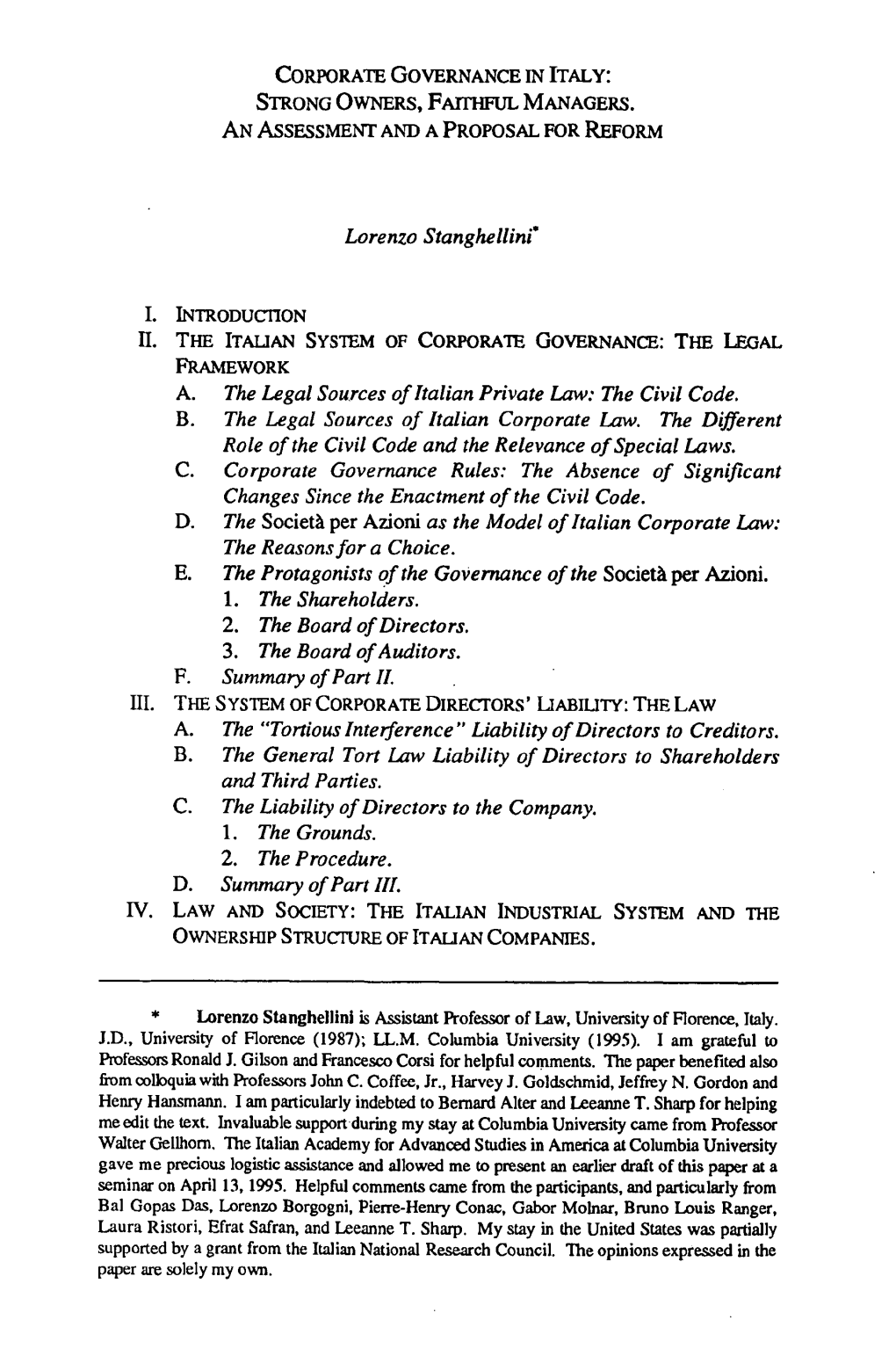 CORPORATE GOVERNANCE in ITALY and the System of DIRECTORS' LIABILITY: a PROPOSAL for REFORM A