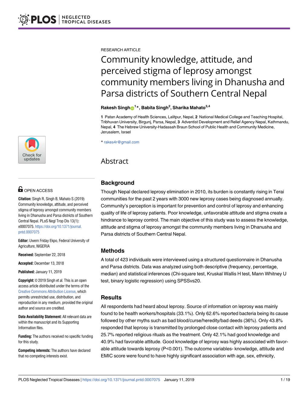 Community Knowledge, Attitude, and Perceived Stigma of Leprosy Amongst Community Members Living in Dhanusha and Parsa Districts of Southern Central Nepal