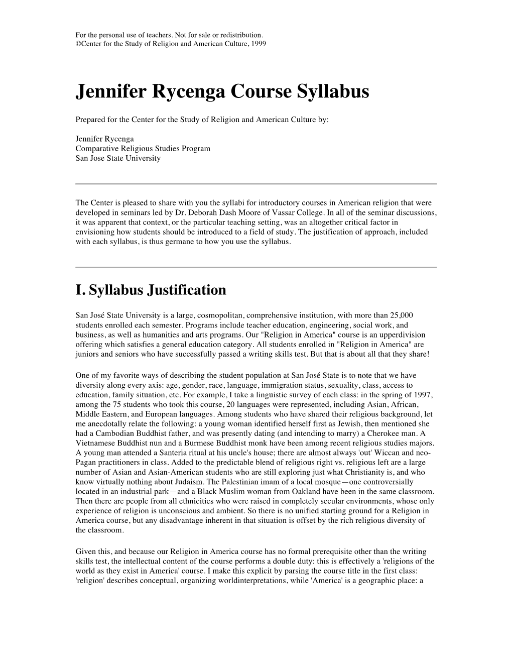 Jennifer Rycenga Course Syllabus