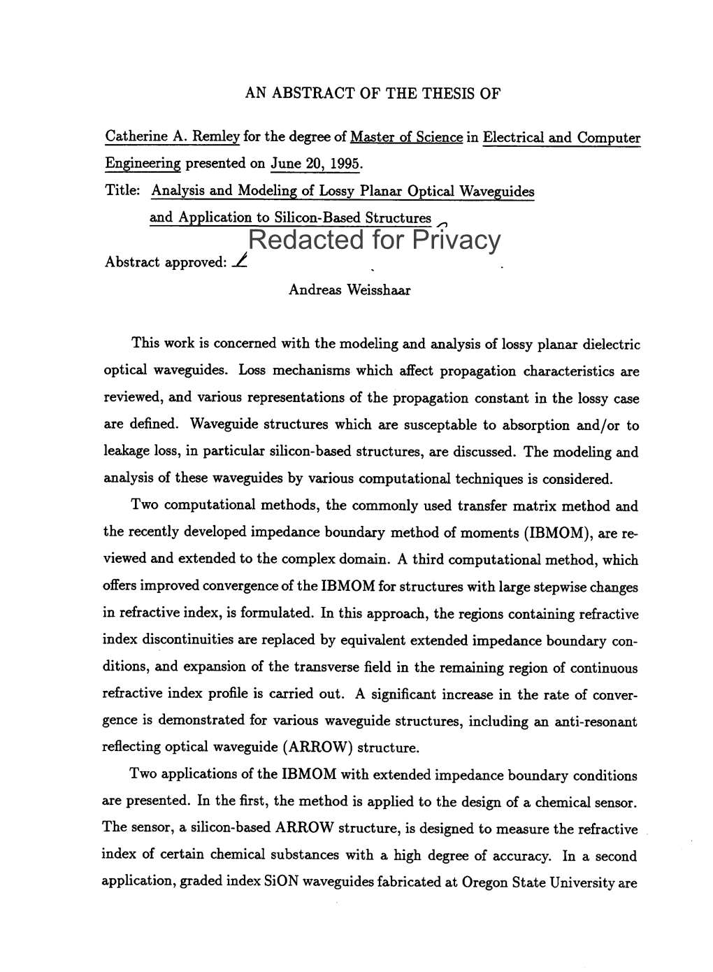 Analysis and Modeling of Lossy Planar Optical Waveguides and Application to Silicon-Based Structures Redacted for Privacy Abstract Approved
