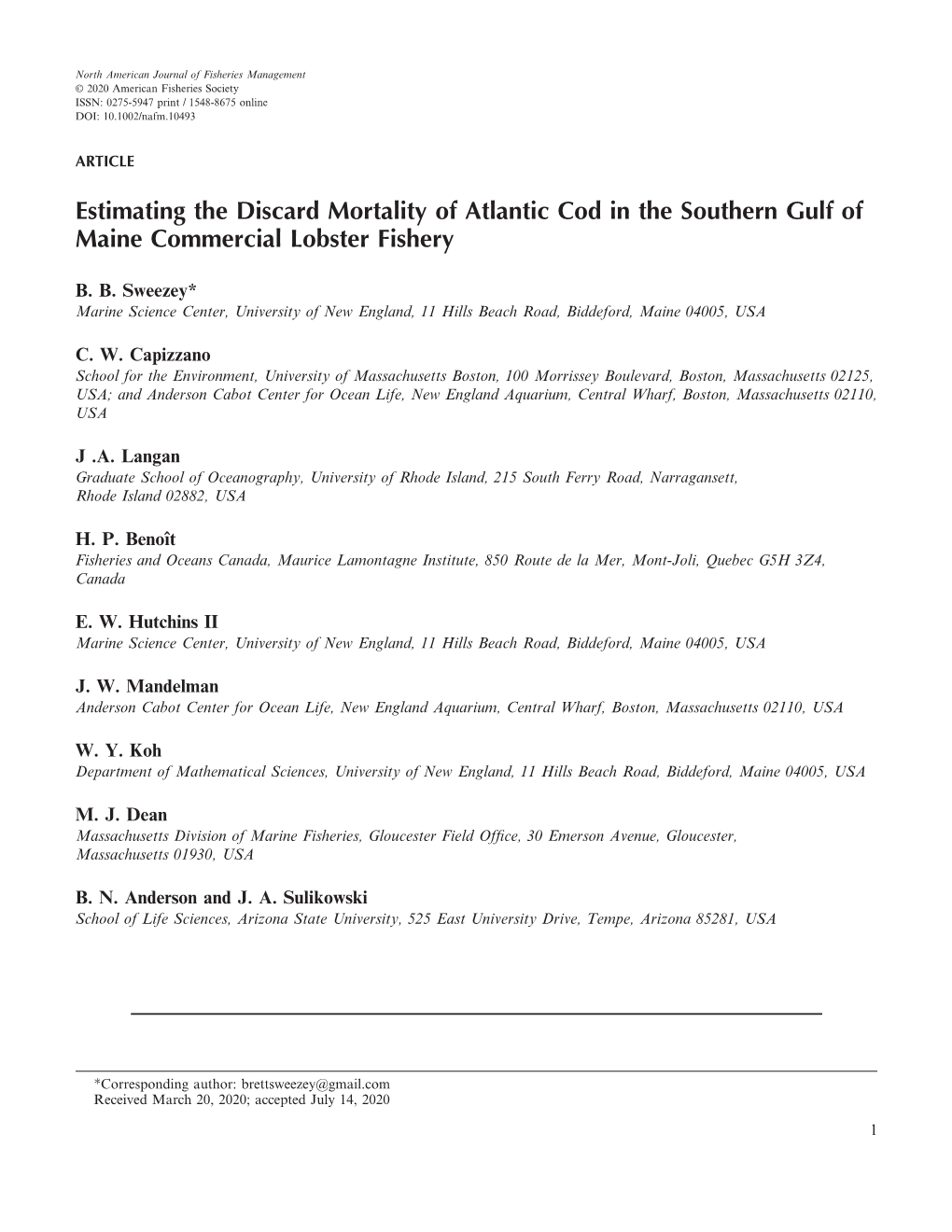 Estimating the Discard Mortality of Atlantic Cod in the Southern Gulf of Maine Commercial Lobster Fishery