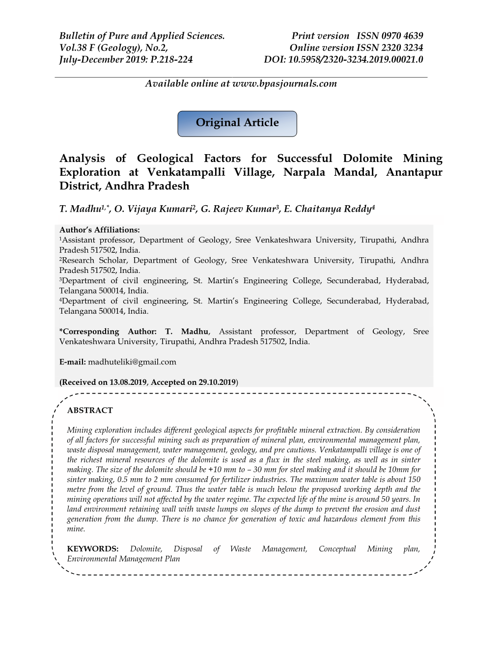 Analysis of Geological Factors for Successful Dolomite Mining Exploration at Venkatampalli Village, Narpala Mandal, Anantapur District, Andhra Pradesh