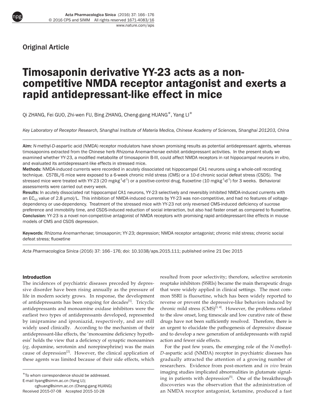 Timosaponin Derivative YY-23 Acts As a Non-Competitive NMDA Receptor