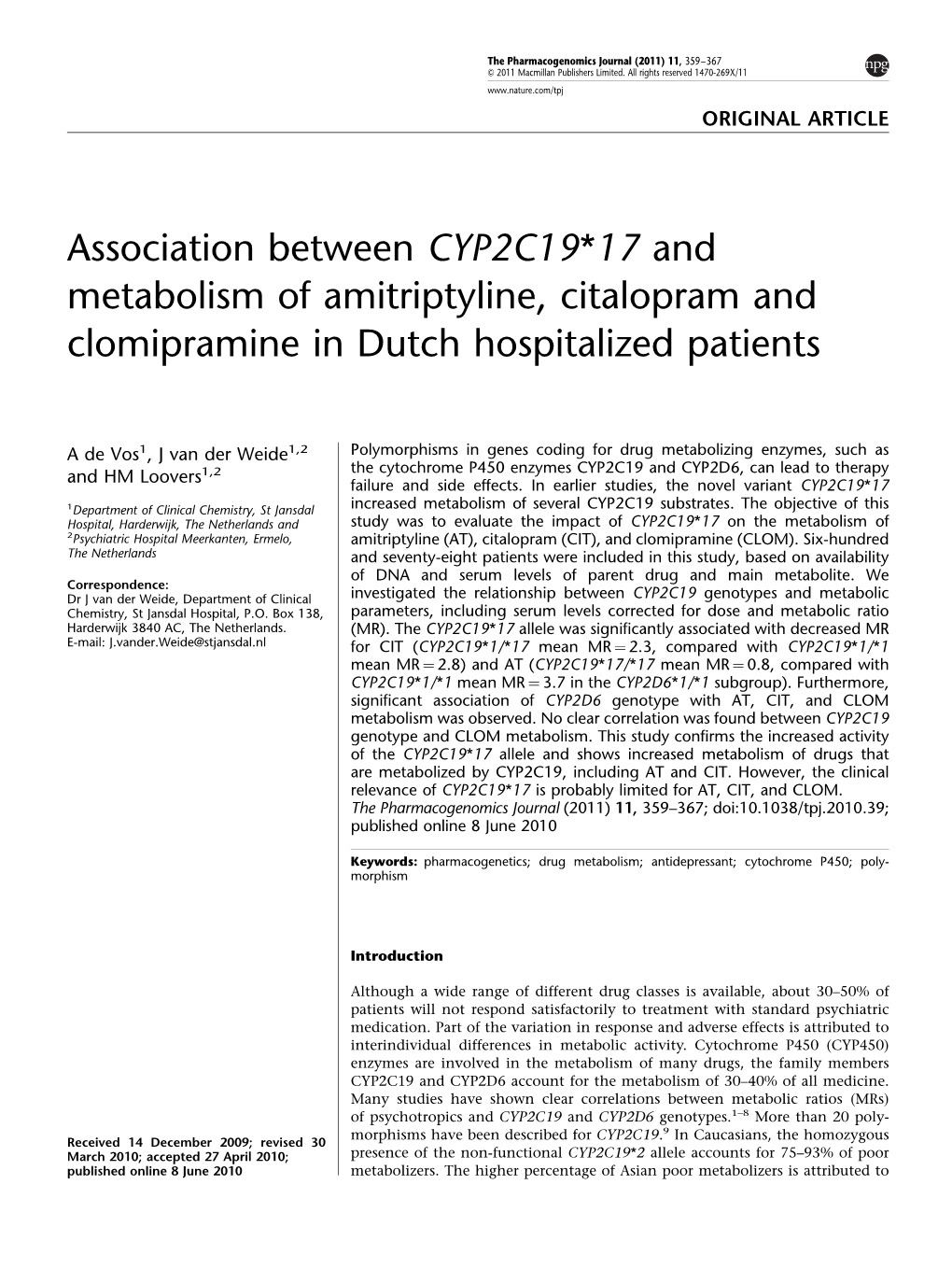 Association Between CYP2C19* 17 and Metabolism of Amitriptyline