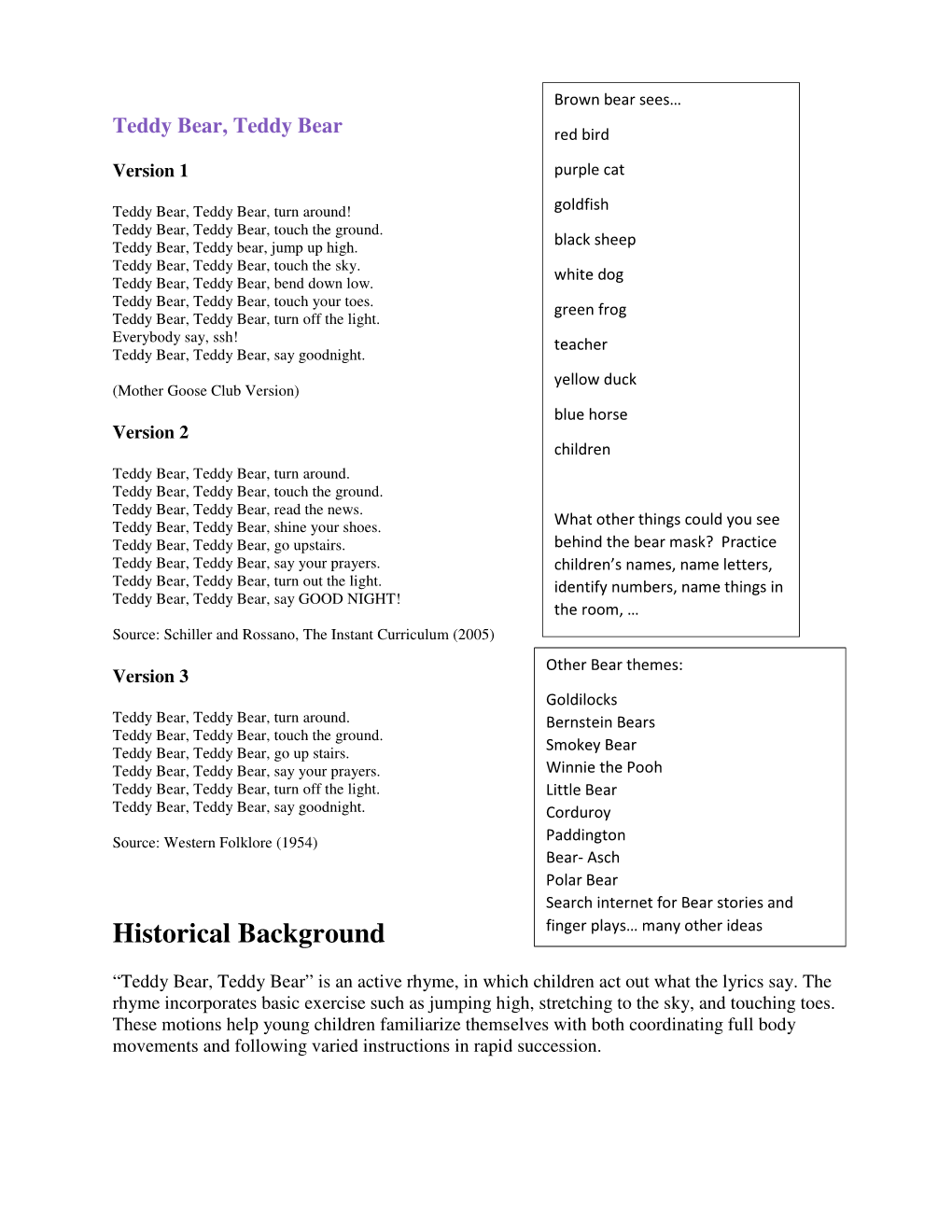 Historical Background Finger Plays… Many Other Ideas