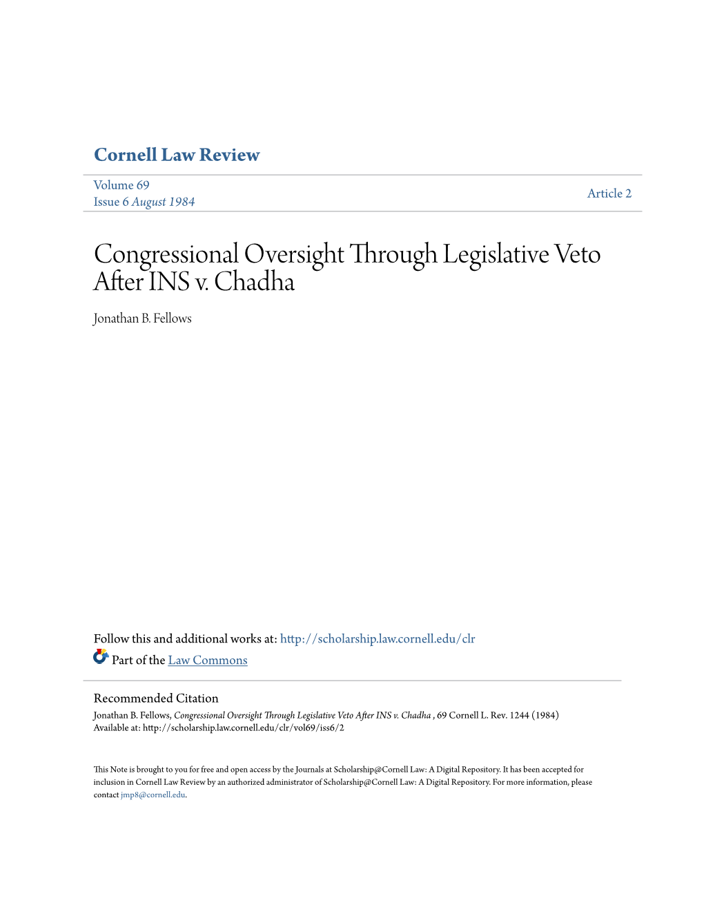 Congressional Oversight Through Legislative Veto After INS V. Chadha Jonathan B