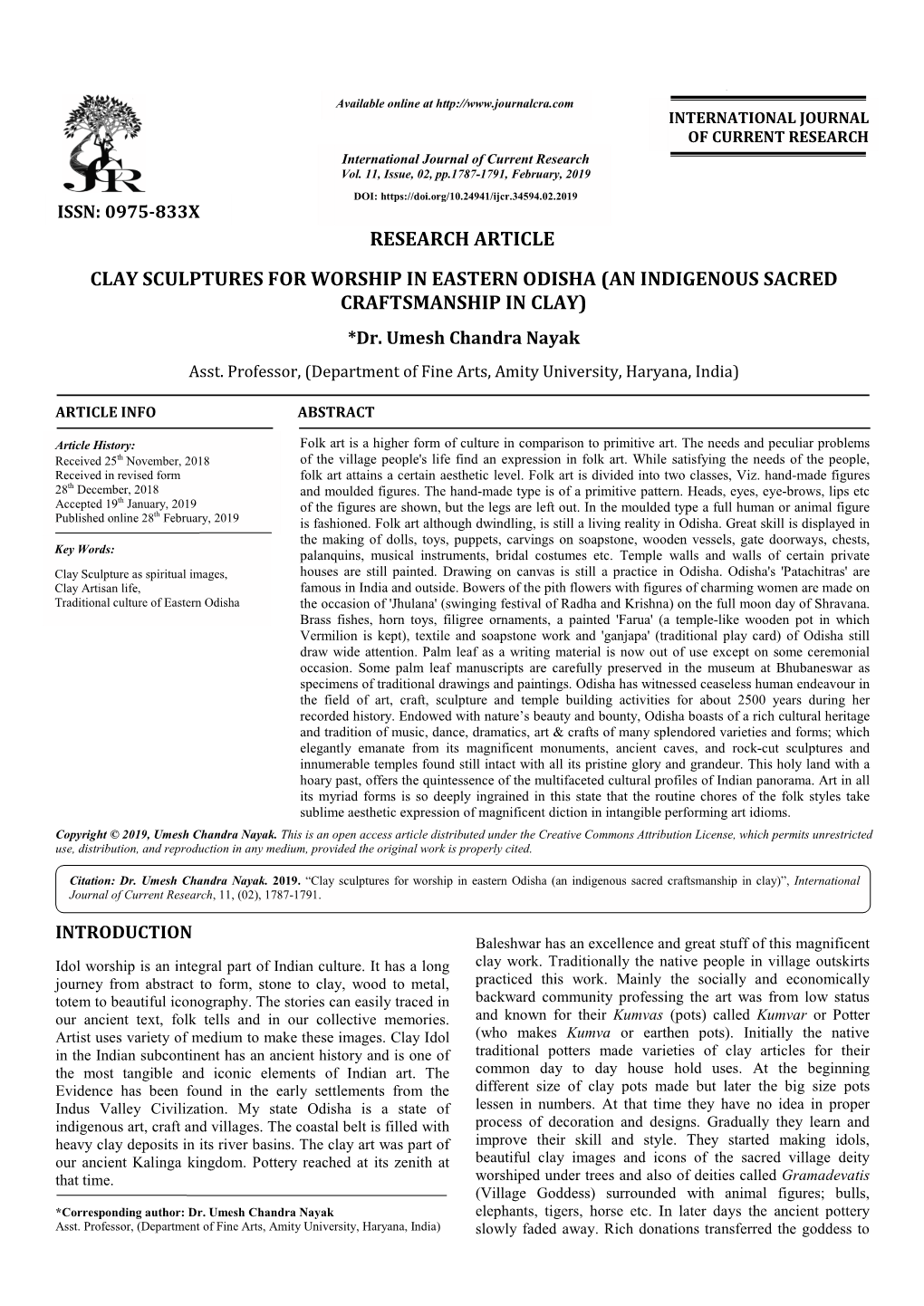 Clay Sculptures for Worship in E Research Article Es for Worship in Eastern Odisha (An Indigenous S Craftsmanship in Clay) (An I