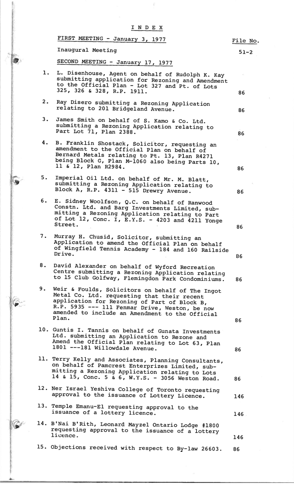 INDEX January 3, 1977 Fileno. Inaugural Meeting