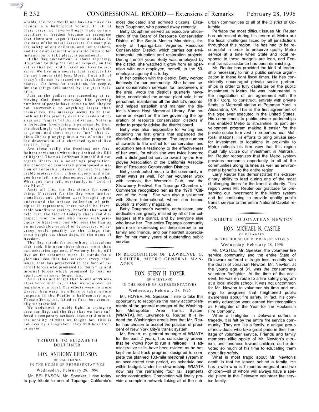 CONGRESSIONAL RECORD— Extensions of Remarks E 232 HON. ANTHONY BEILENSON HON. STENY H. HOYER HON. MICHAEL N. CASTLE