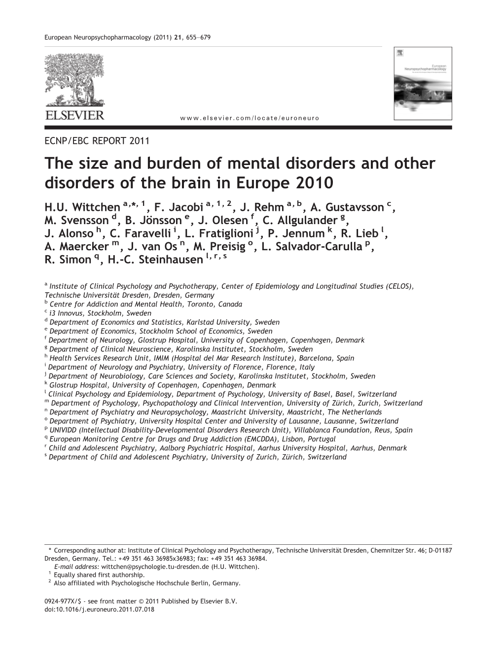 The Size and Burden of Mental Disorders and Other Disorders of the Brain in Europe 2010 H.U
