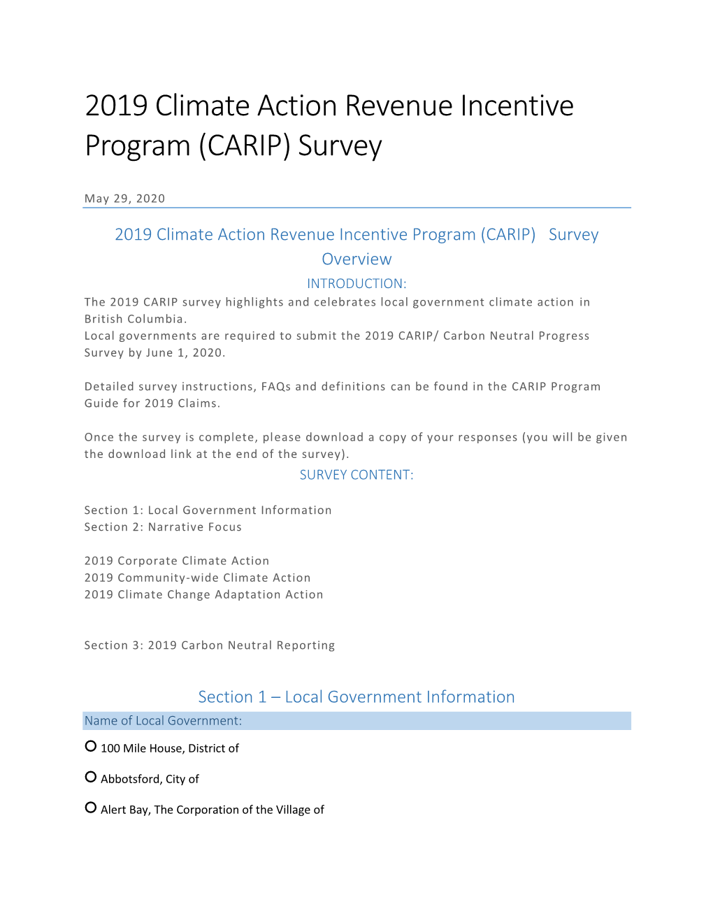 2019 Climate Action Revenue Incentive Program (CARIP) Survey