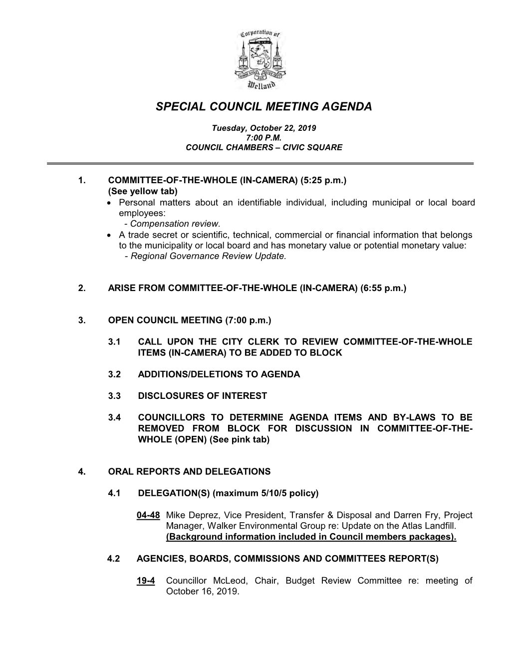Special Council Meeting Agenda October 22, 2019