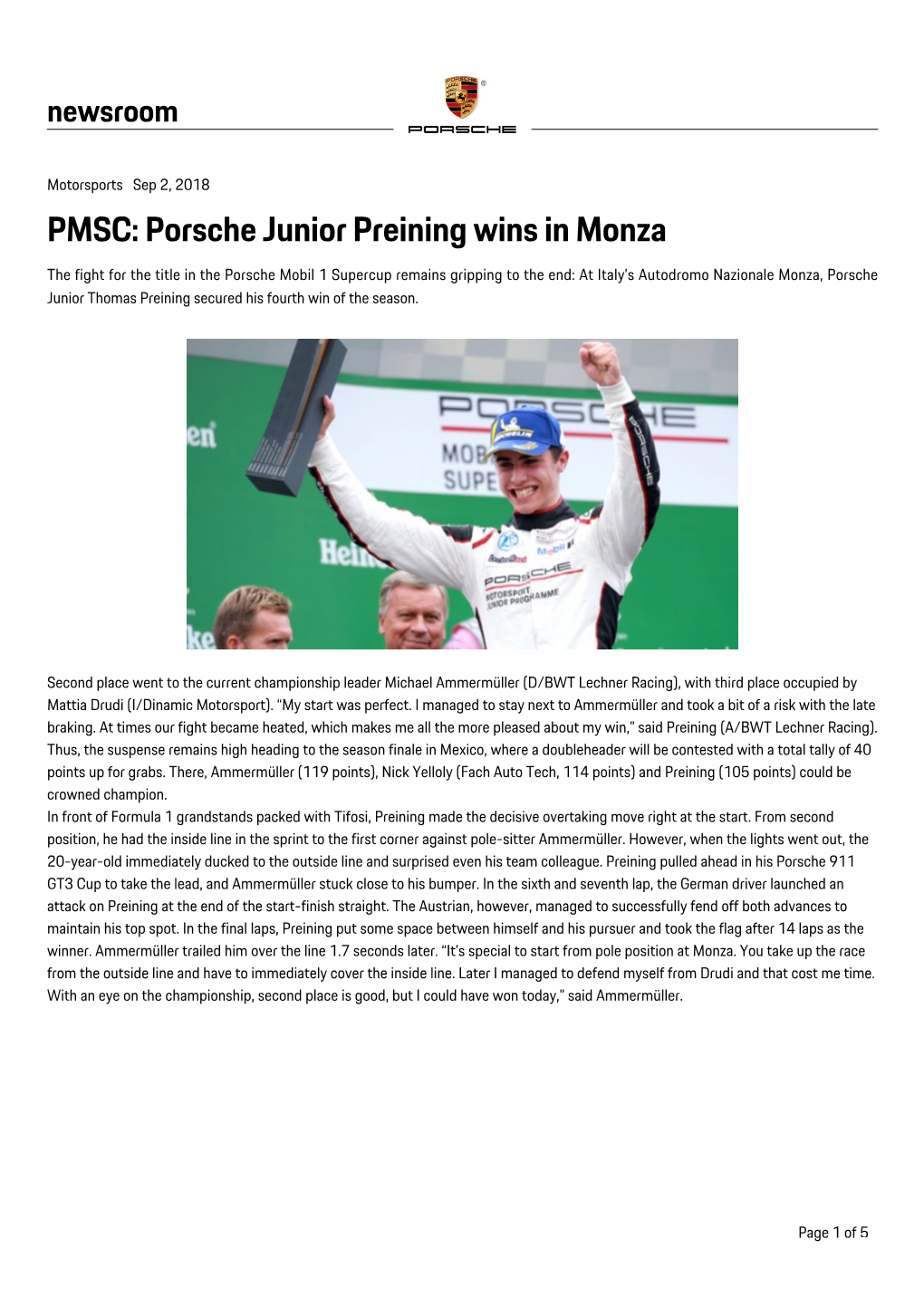 Porsche Junior Preining Wins in Monza