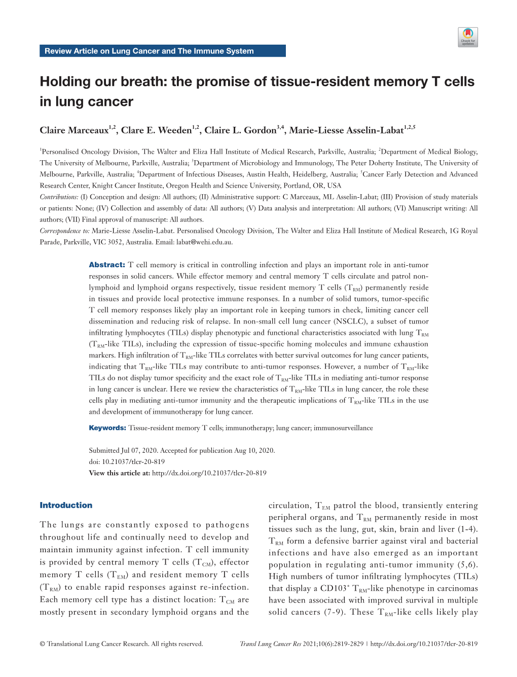 The Promise of Tissue-Resident Memory T Cells in Lung Cancer