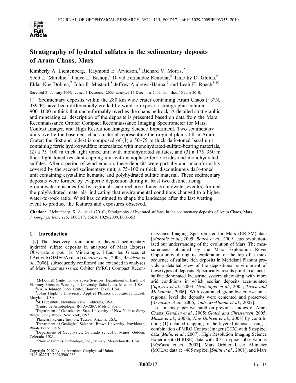 Stratigraphy of Hydrated Sulfates in the Sedimentary Deposits of Aram Chaos, Mars Kimberly A