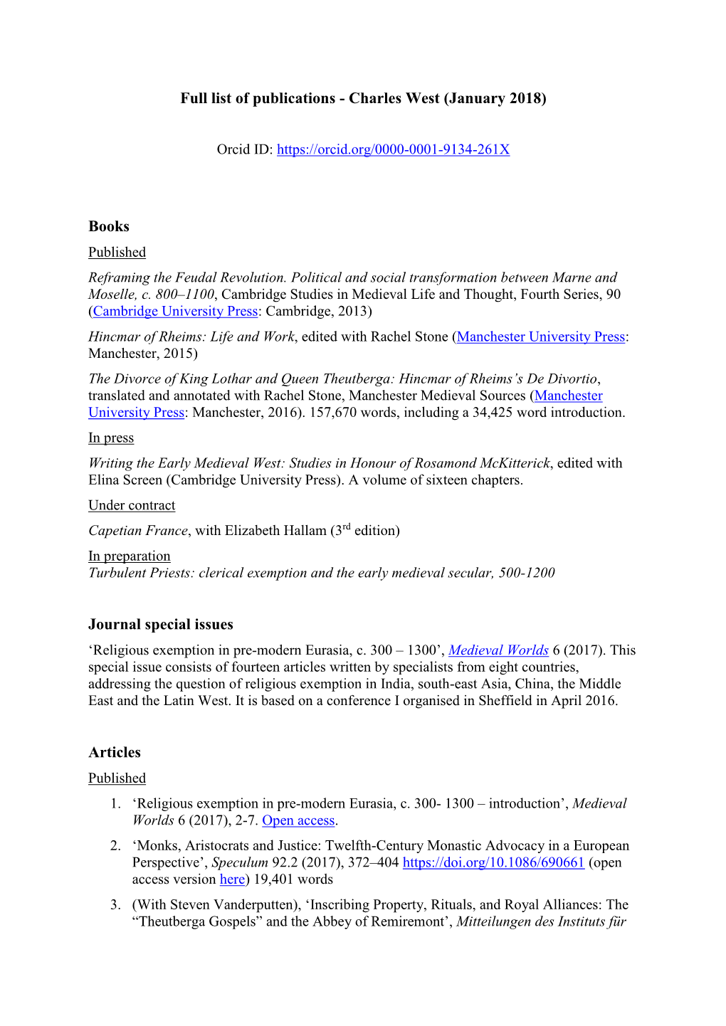 Complete List of Publications of Charles West