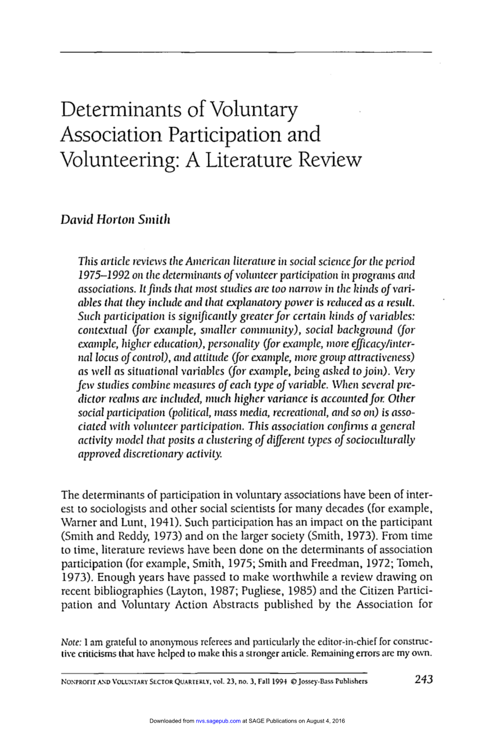 Determinants of Voluntary Association Participation and Volunteering: a Literature Review